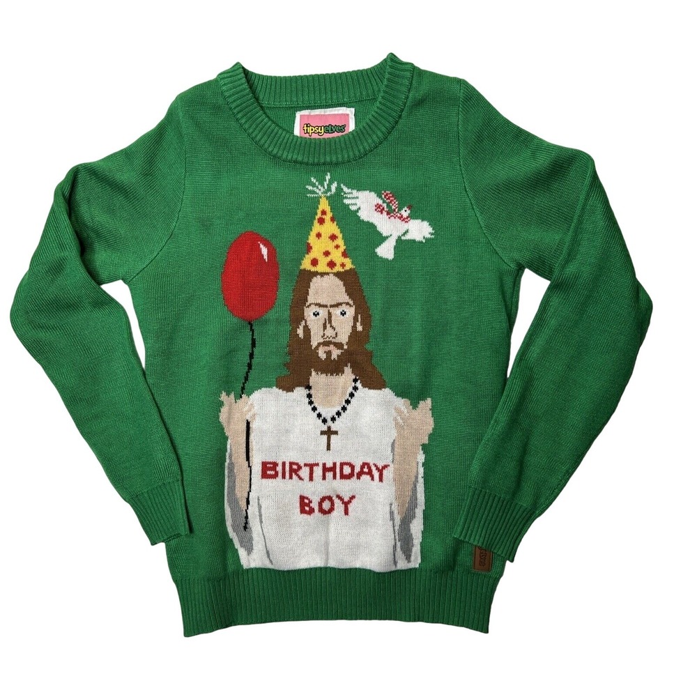 Tipsy Elves Medium Mens Ugly Xmas Sweater Jesus Birthday Boy Green